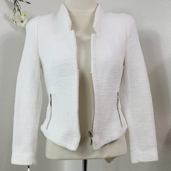 ZARA TRAFALUC TWEED WHITE ZIPPER BLAZER - Picture 6 of 16